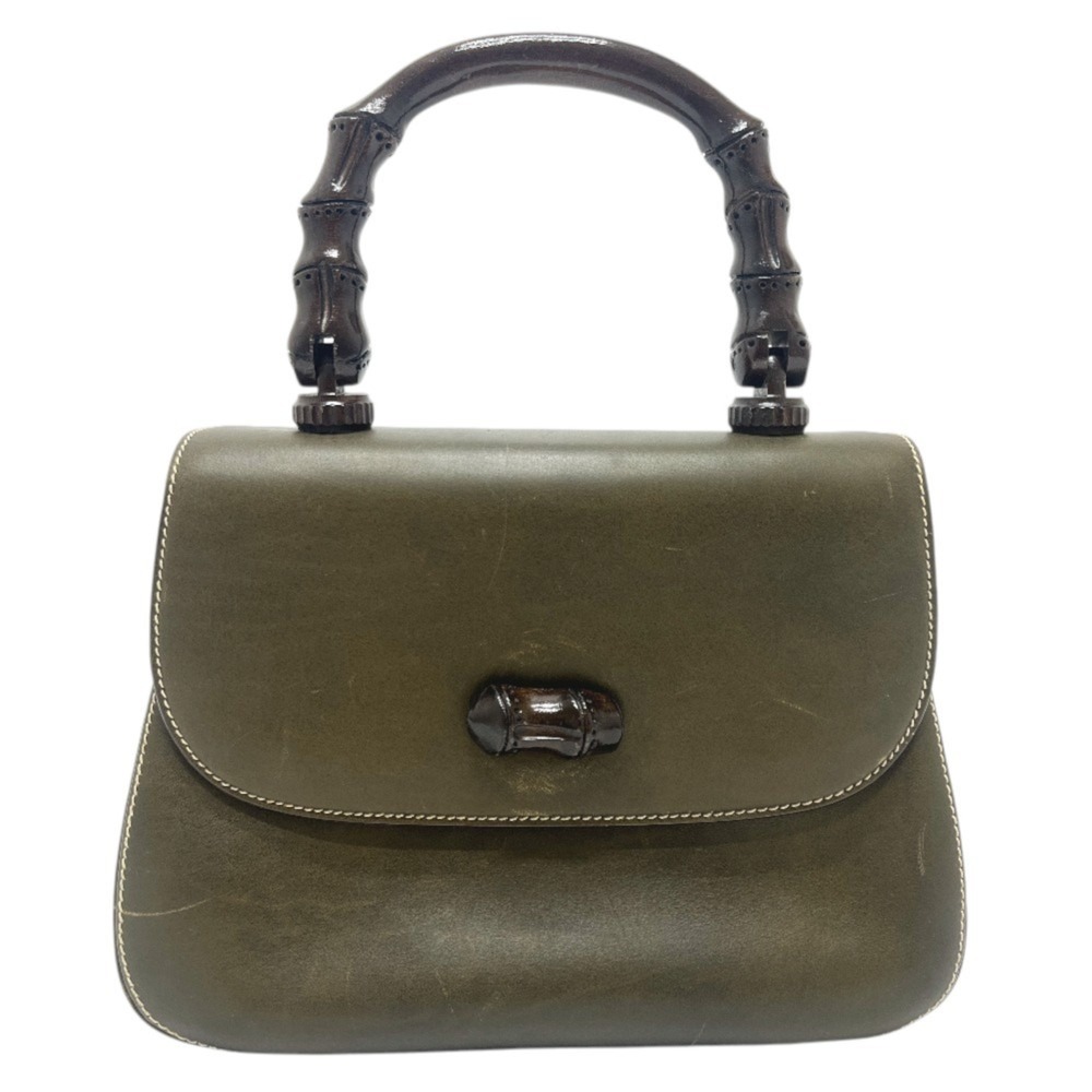 GUCCI Green Leather Bamboo Tote Bag